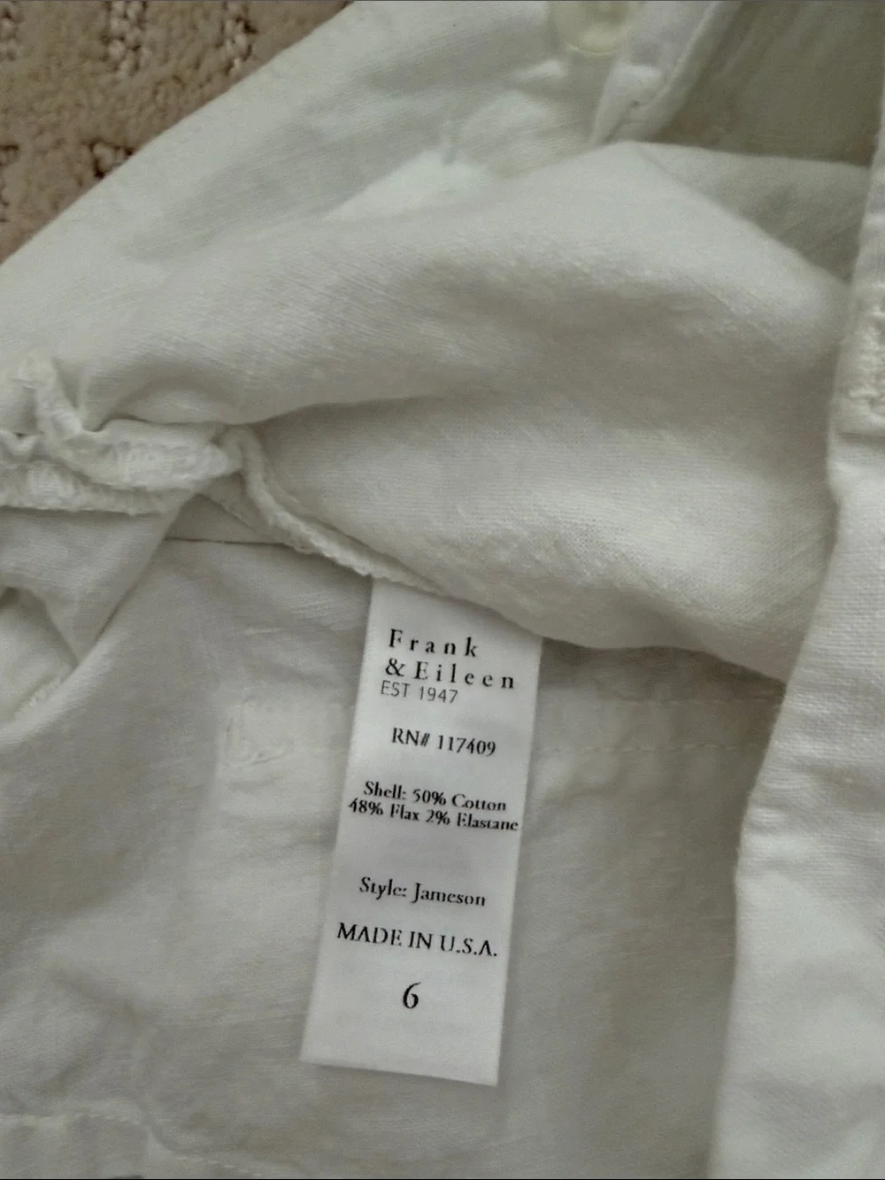 Frank & Eileen Jameson White Linen Blend Utility Jogger Pants Size 6